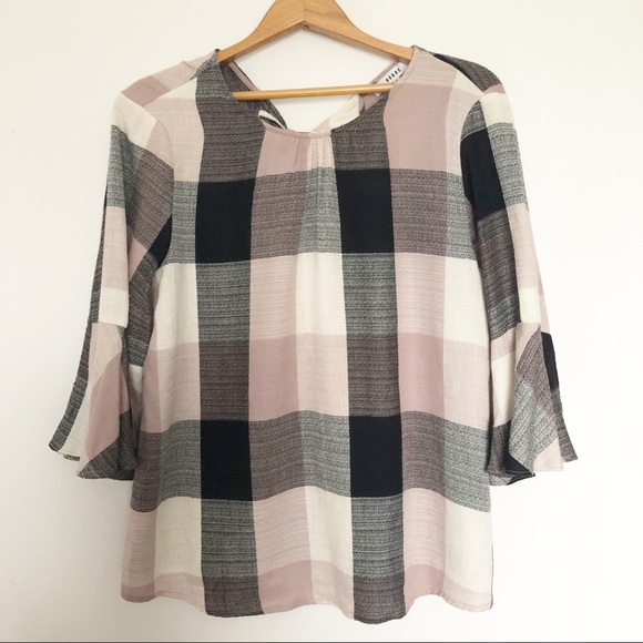 Ro and De Tops - Ro & De Bell Sleeve Plaid Tie Back Blouse